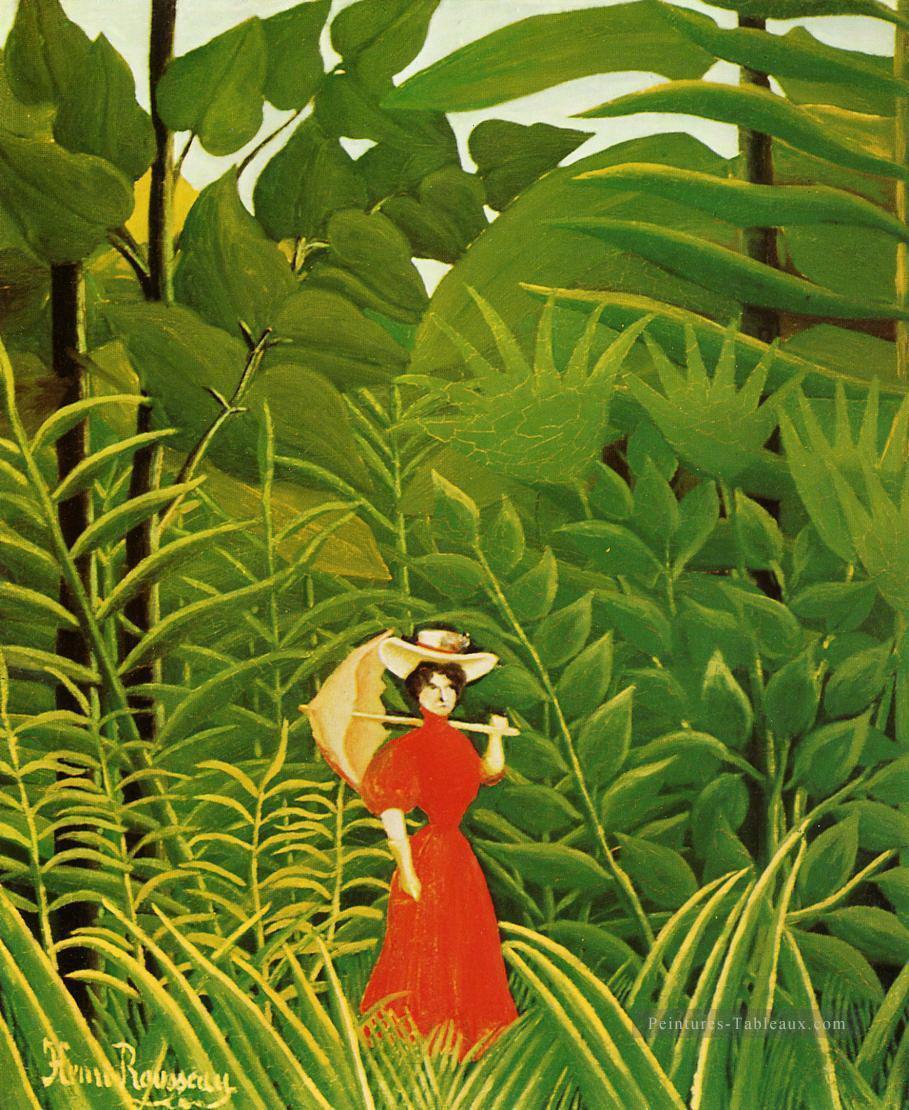 femme en rouge dans la forêt Henri Rousseau post impressionnisme Naive primitivisme Peintures à l'huile